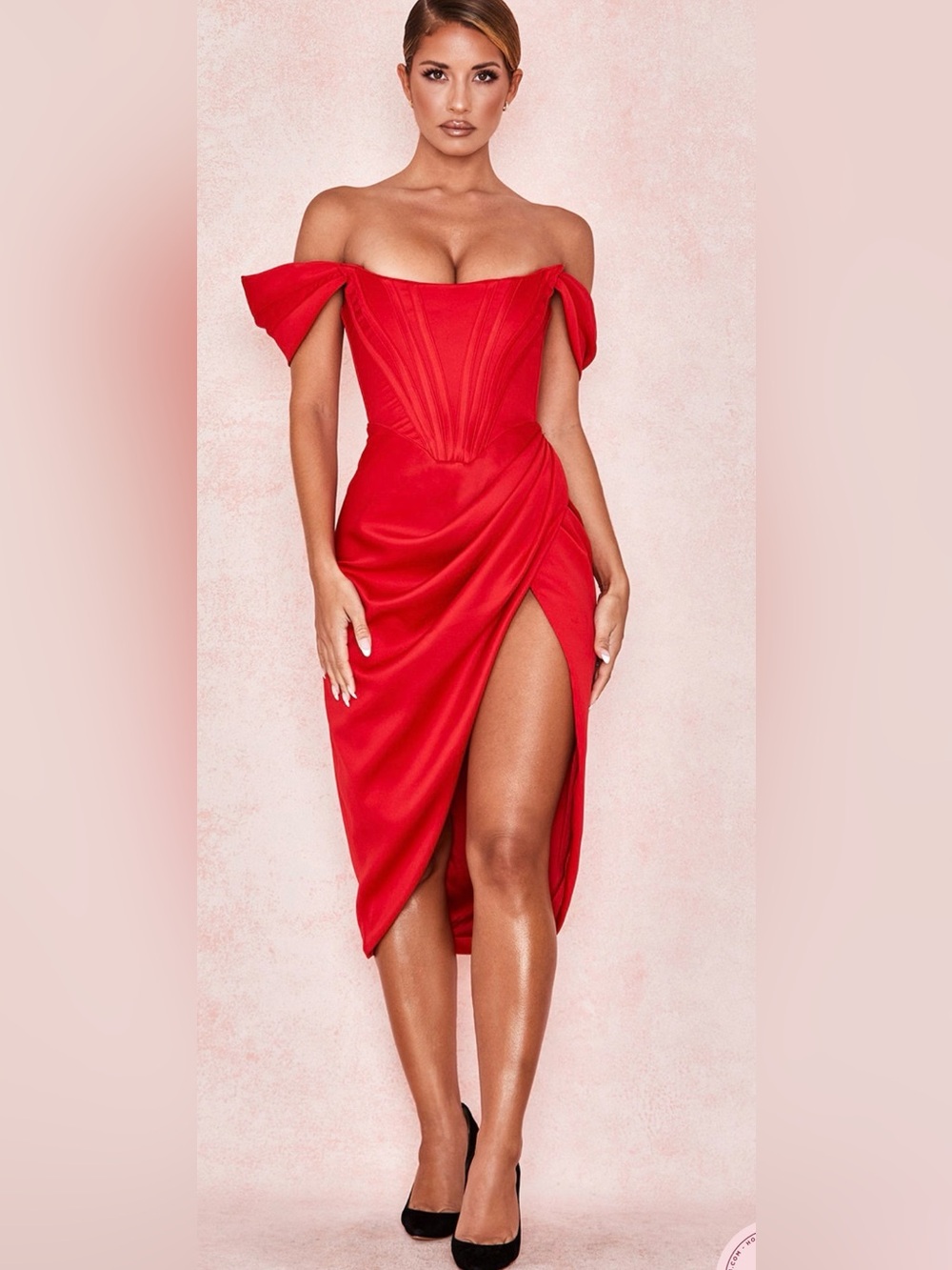 House of CB Red Off-Shoulder High-Slit Midi Dress